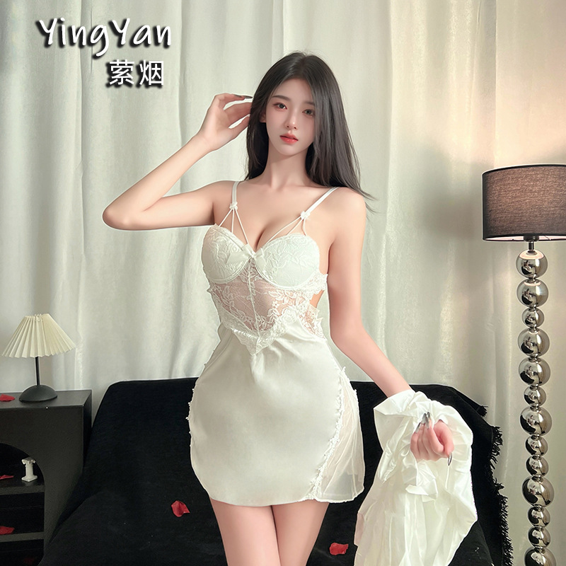Seductive Lingerie with Lace, Alluring Camisole Nightgown, Sheer Silk-Like Material, Underwire Gathered Nightdress