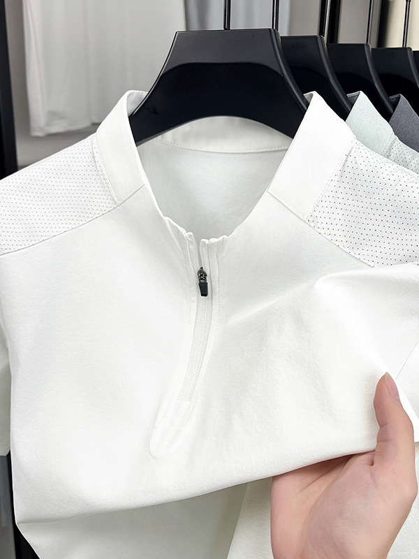Summer New Men's Stand Collar Zipper Short Sleeve T-Shirt Breathable Quick Dry Casual Stretch Sports Pullover T-Shirt Ice Silk