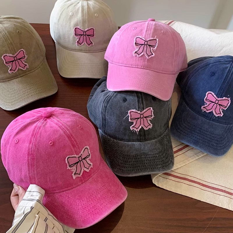 Pink Bow Baseball Cap Women's Washed Vintage Soft Top Cap Big Head Showing Face Small Sun Protection Hat