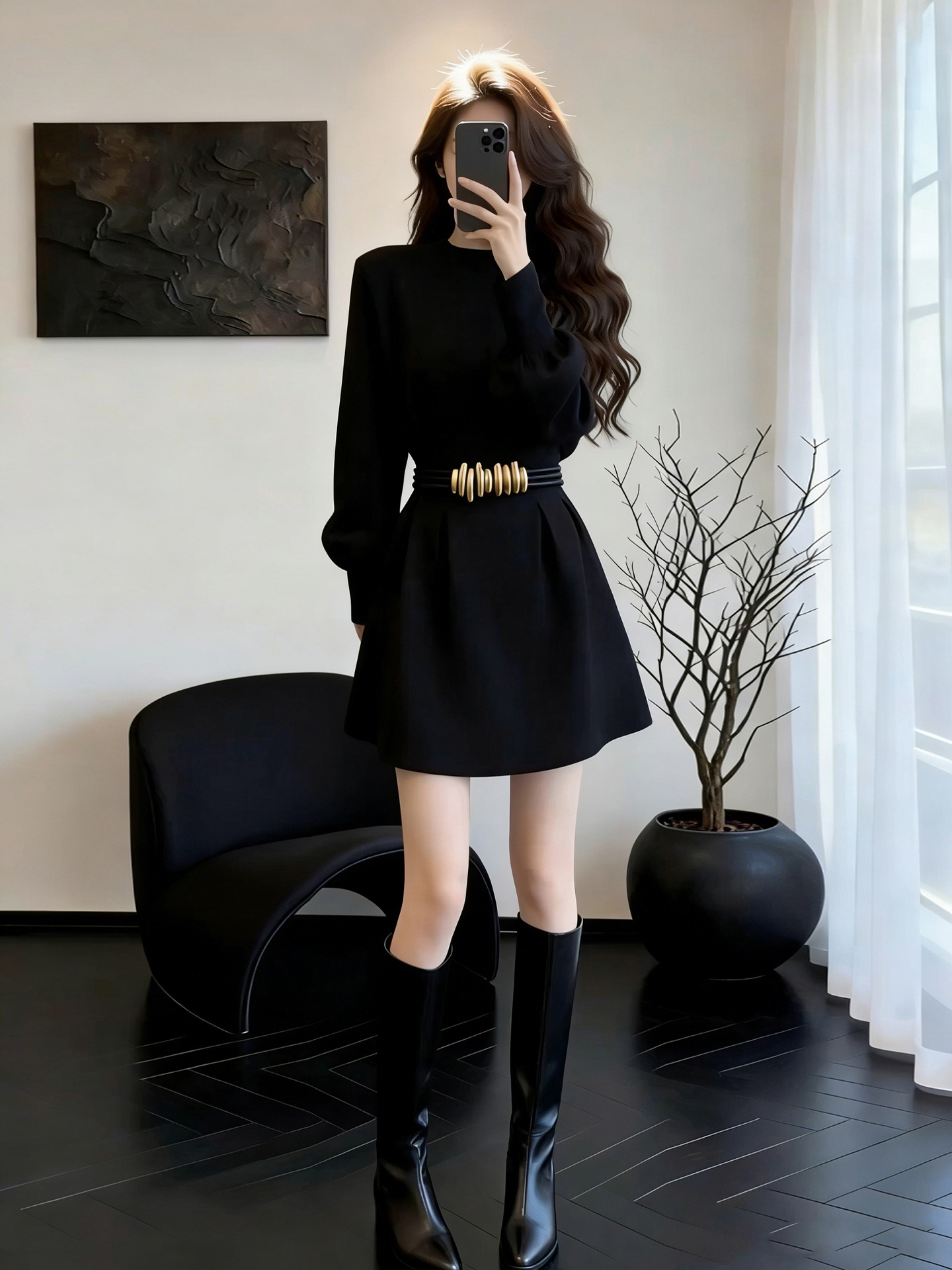 2026 New Style Rich Girl Outfit: Black Dress for Women, Especially Beautiful in Spring and Autumn, Waist-Cinching Short Dress That Makes You Look Slimmer