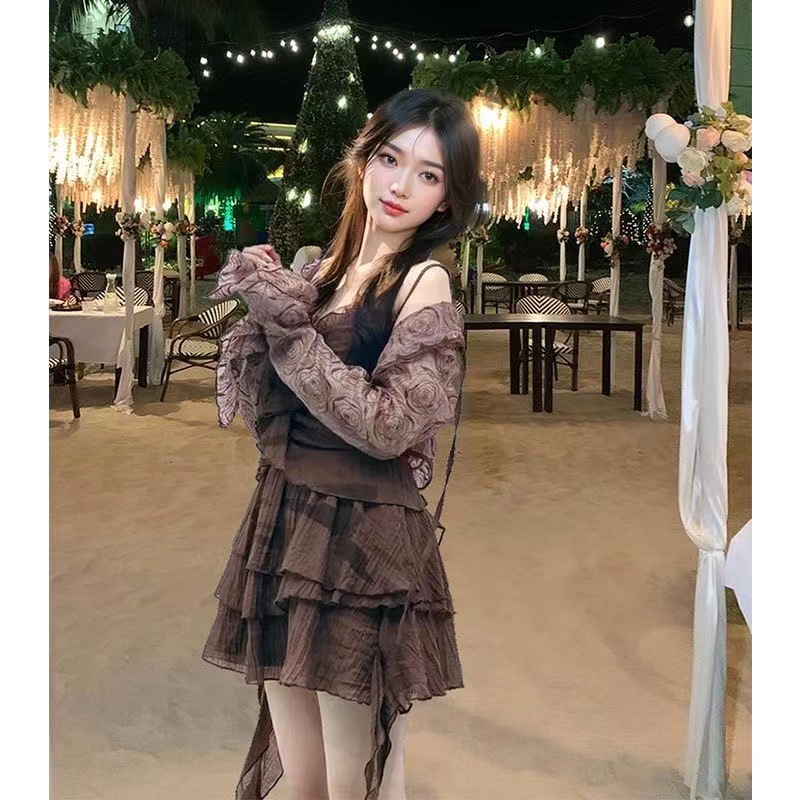 French Black Lace Suspender Dress Pure Desire Slim Long Skirt Slit Waist Hot Girl Skirt [Original Quality]
