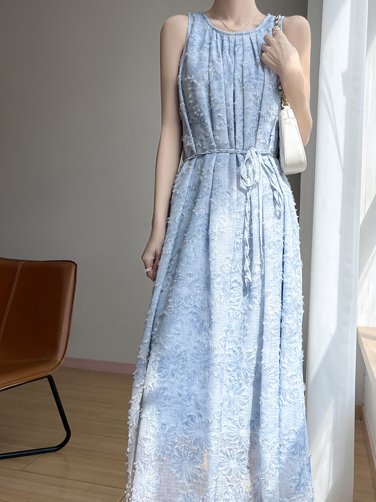 French High-End Tassel Cut Blue Dress Women's Summer High-End Round Neck Sleeveless Waist Tie Elegant Long Skirt
