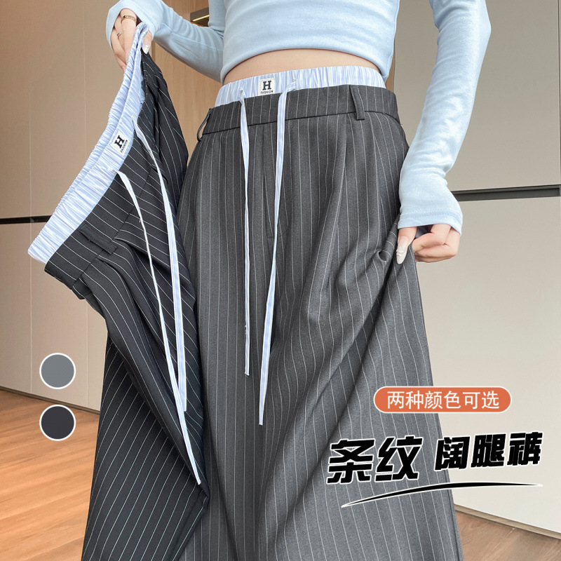 Gray Spring-Summer Double-Waist Striped Patchwork Casual Suit Wide-Leg Women's Pants, Size 26, Stylish and Versatile, Slimming Straight-Leg Floor-Length Pants