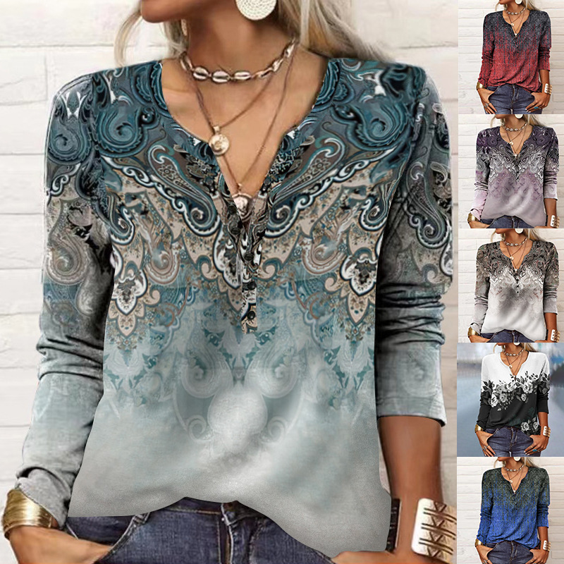 2022 autumn and winter Europe and the United States cross-border Amazon wish new foreign trade women's long sleeve printed national fashion T-shirt women