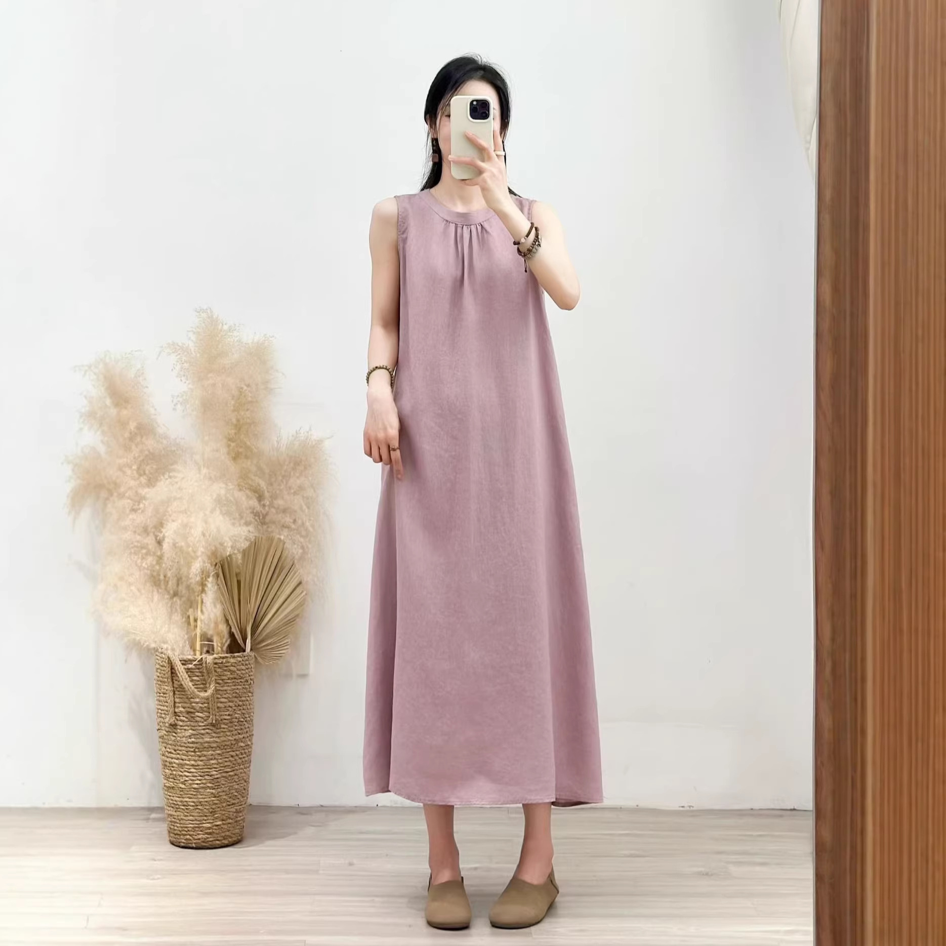 Summer New Artistic Sand-Washed Linen Solid Color Versatile Dress Women's Sleeveless Loose Long Versatile Tank Dress