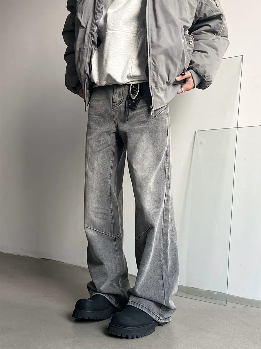 2024 American Style High Street Washed Old Smoke Grey Jeans Men's cleanfit Loose Straight Tube Pants