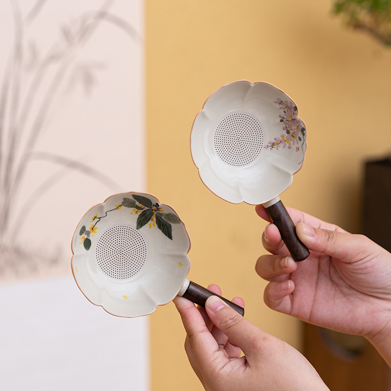 Hand-Painted Osmanthus Tea Strainer, All-Ceramic Mesh Filter, Integrated Tea Filter, Fair Cup Filter, Tea Brewing Tool with Wooden Handle