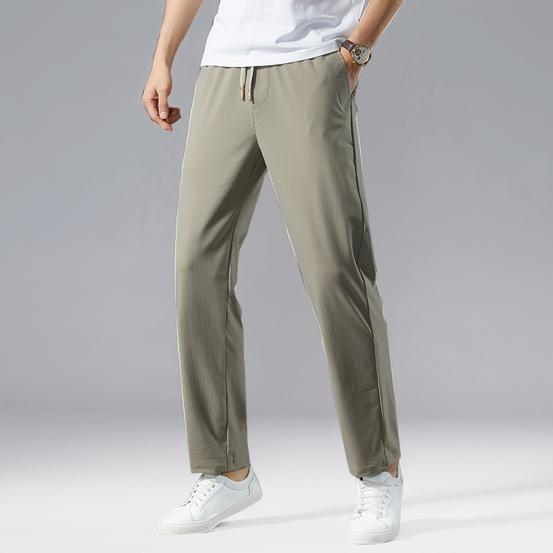 Men's Summer Ice Silk Thin Dress Pants, Stretchy Straight-Leg Loose Fit, Quick-Dry Casual Sports Pants