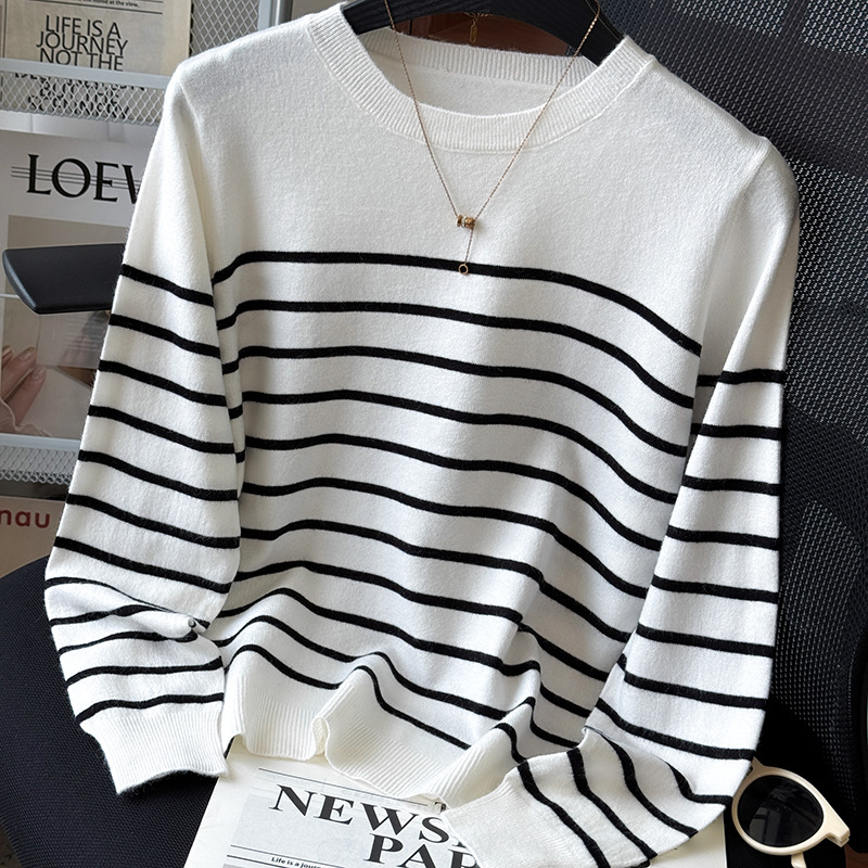 Vintage College Style Pure Cotton Striped Long-Sleeve T-Shirt with Color-Blocking Stripe Design, Versatile Women's Top for Spring and Autumn, Wholesale
