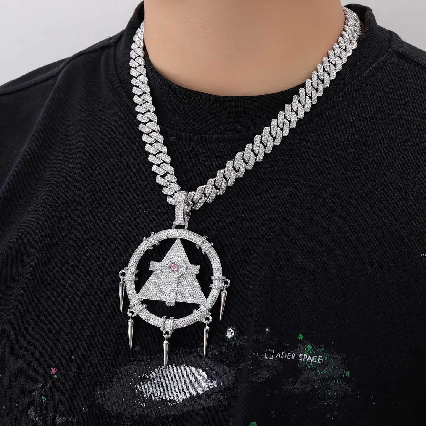 New arrival Fashion Large Full Diamond Jiang Yunsheng Same Style Little Devil Pendant S letter hip hop Stylish Men Necklace