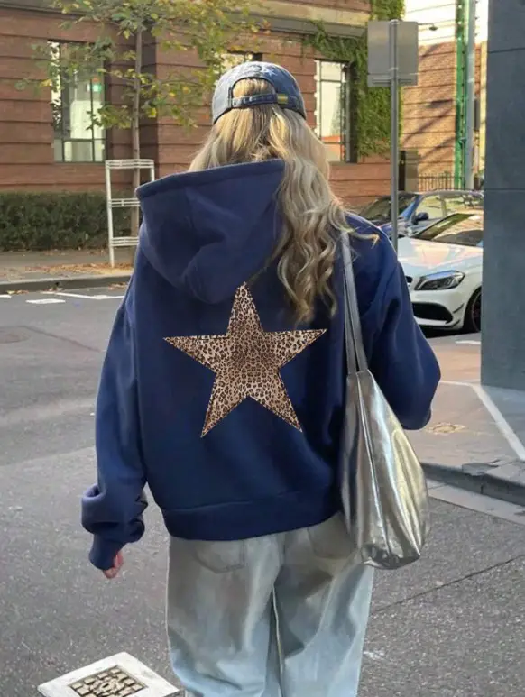 美式复古豹纹五角星印花连帽卫衣宽松长袖外套Star Design Hoodie
