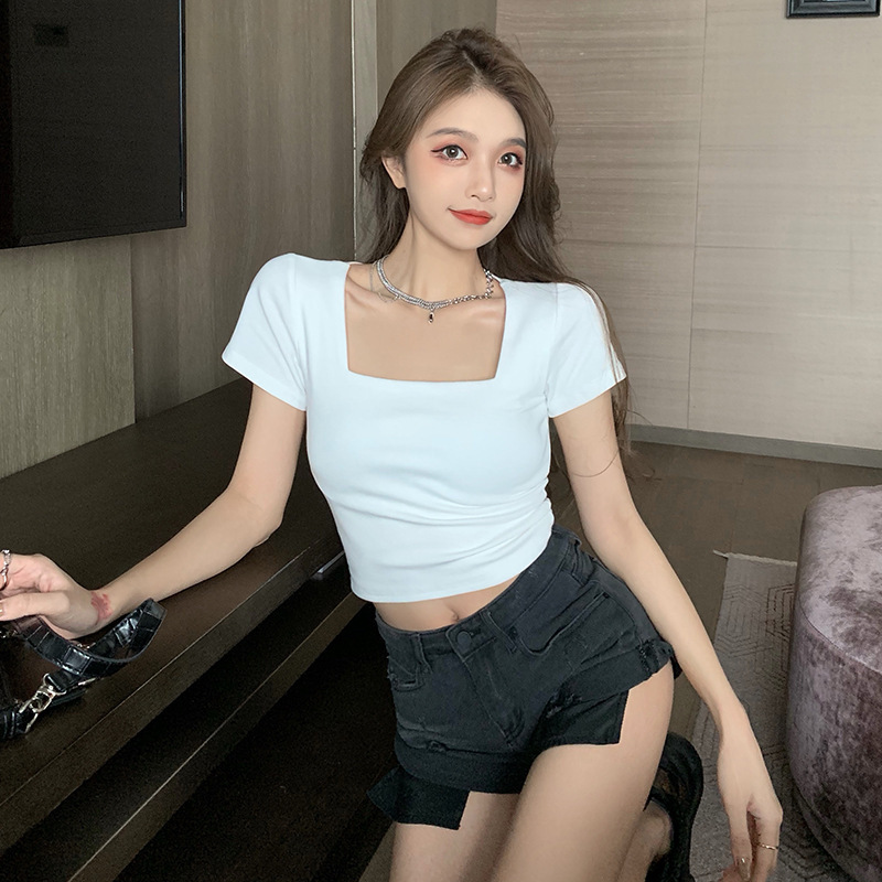 T-Shirt for Women 2025 Tight Inner Square Collar Short-Sleeved T-Shirt High-Waisted Short Navel-Baring Bottoming Shirt Top Women's Women's T-Shirt