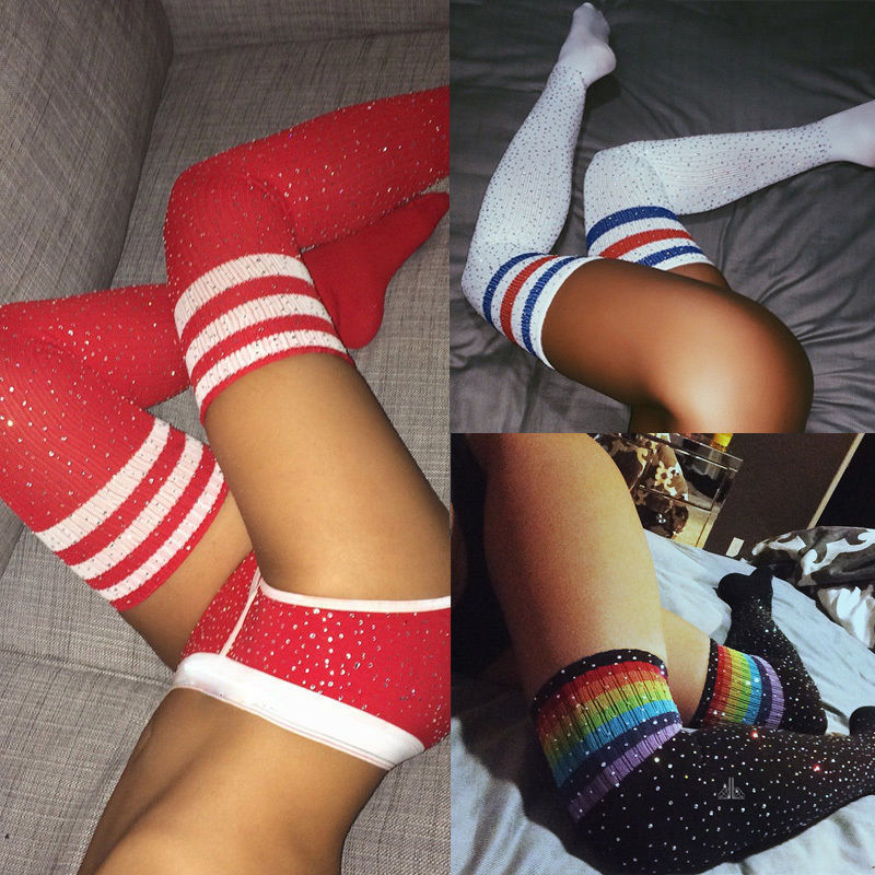 Interesting European and American Explosions Hot Drilling Student Socks Women's Knee Socks Underwear Socks Three Bars Striped Long Barrel Cotton Socks with Diamond XS02