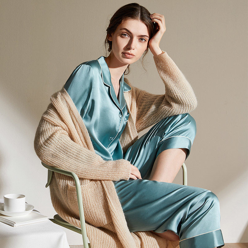 Silk Pajamas for Women, Spring and Summer Long-Sleeved Two-Piece Set, 100% Mulberry Silk, Couple's Home Wear, Silk Women's Set, Simple Style