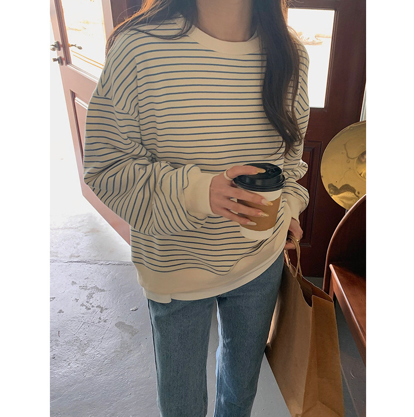 2023 autumn and winter New Design striped sweater for women Korean style loose Hong Kong style chic retro early autumn top for women