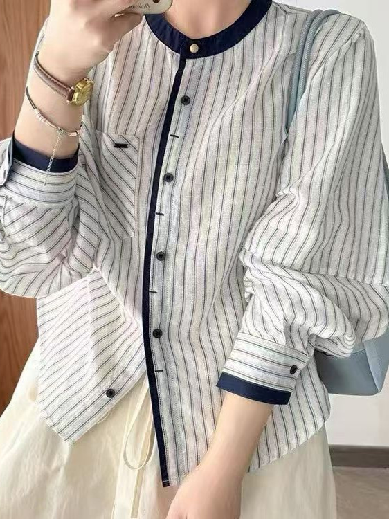 Spring 2026 Women's Long-Sleeve Striped Shirt, Loose Casual Korean Style, Skin-Friendly Color-Blocking Shirt, Slimming Effect