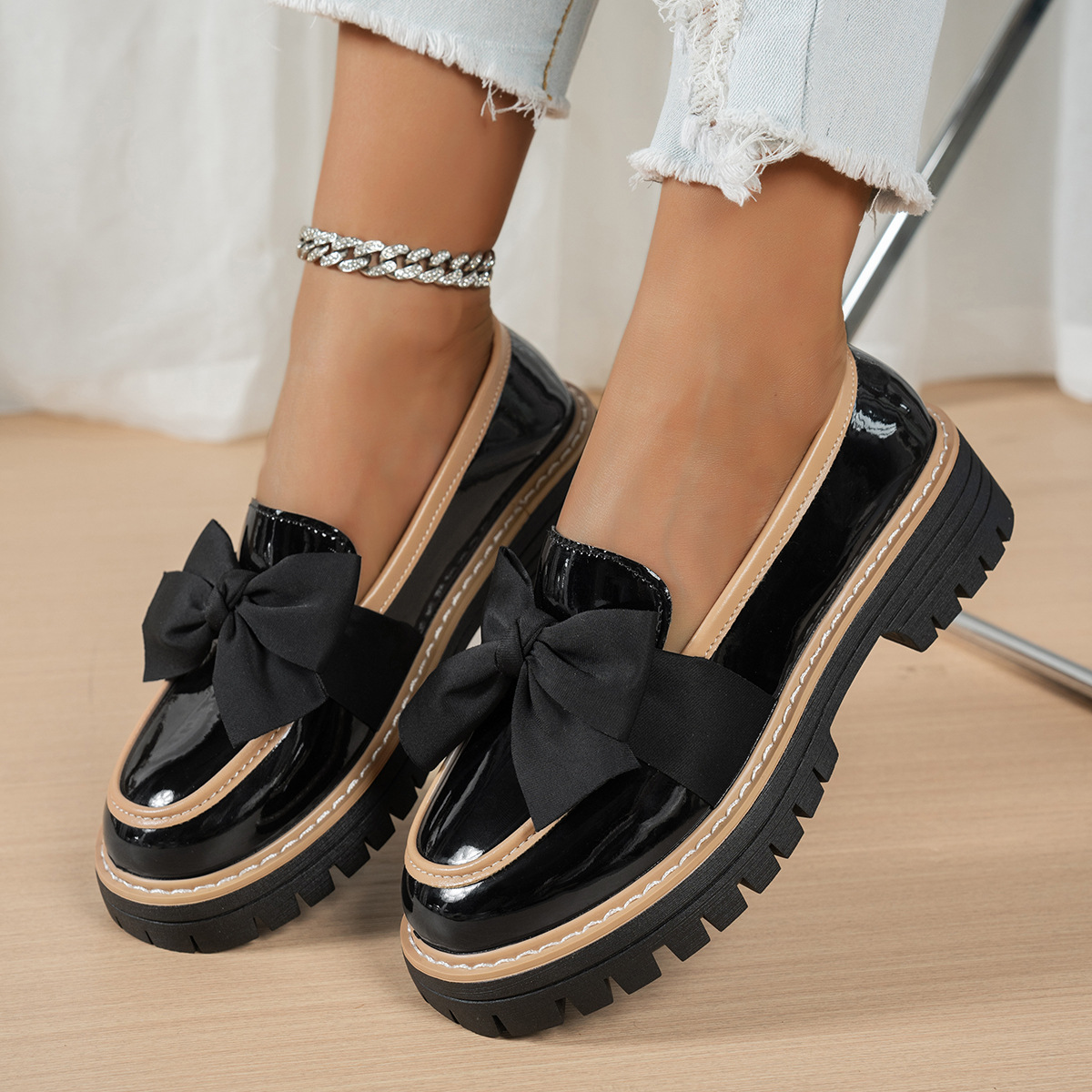 New Foreign Trade Style Color-Blocked Low-Top Loafers for Women, Casual Thick-Soled British Style Bowknot Slip-On Shoes Wish