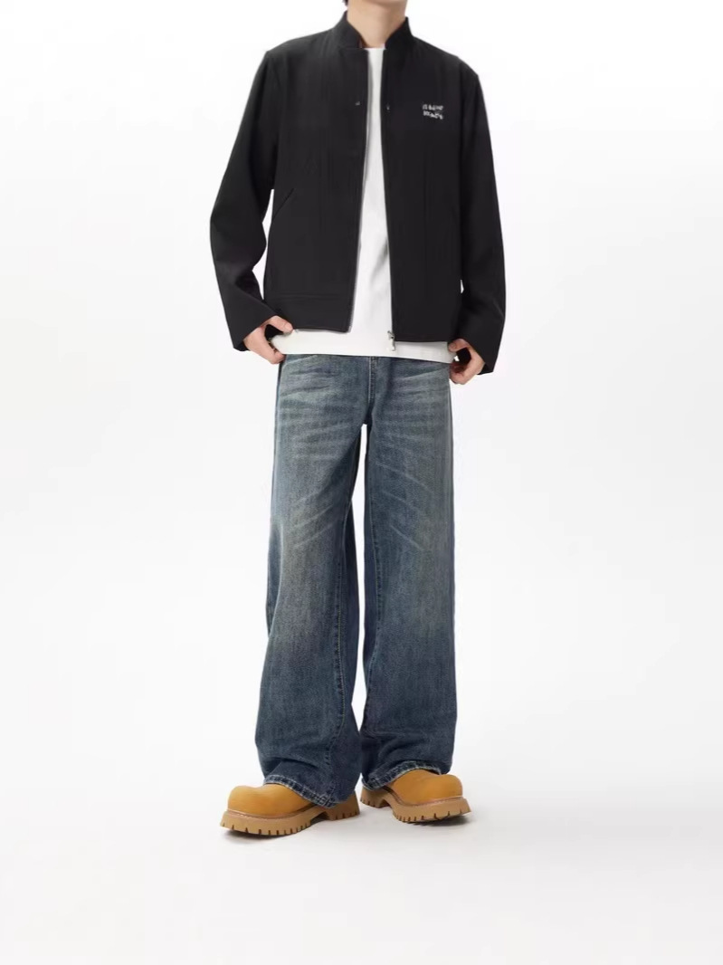Men's Jeans American Retro Washed Vintage Straight-Leg Jeans Trendy Whiskered Loose Casual Wide-Leg Pants