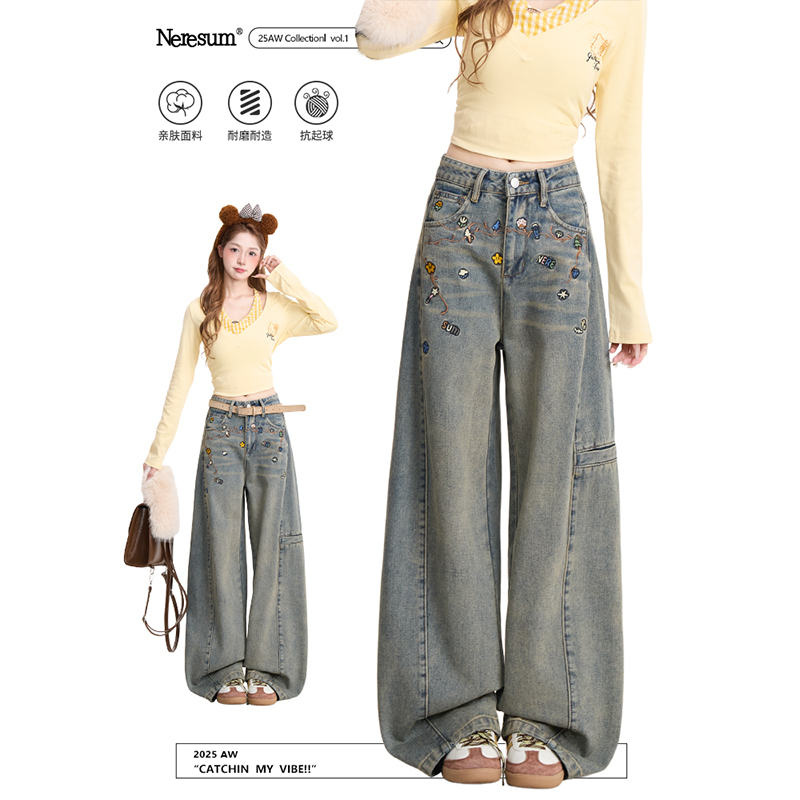 Women's Jeans with Cartoon Embroidery, Washed, New Spring and Autumn Style, Trendy Brand, Retro Loose Straight-Leg Pants, Versatile Slimming Wide-Leg Pants