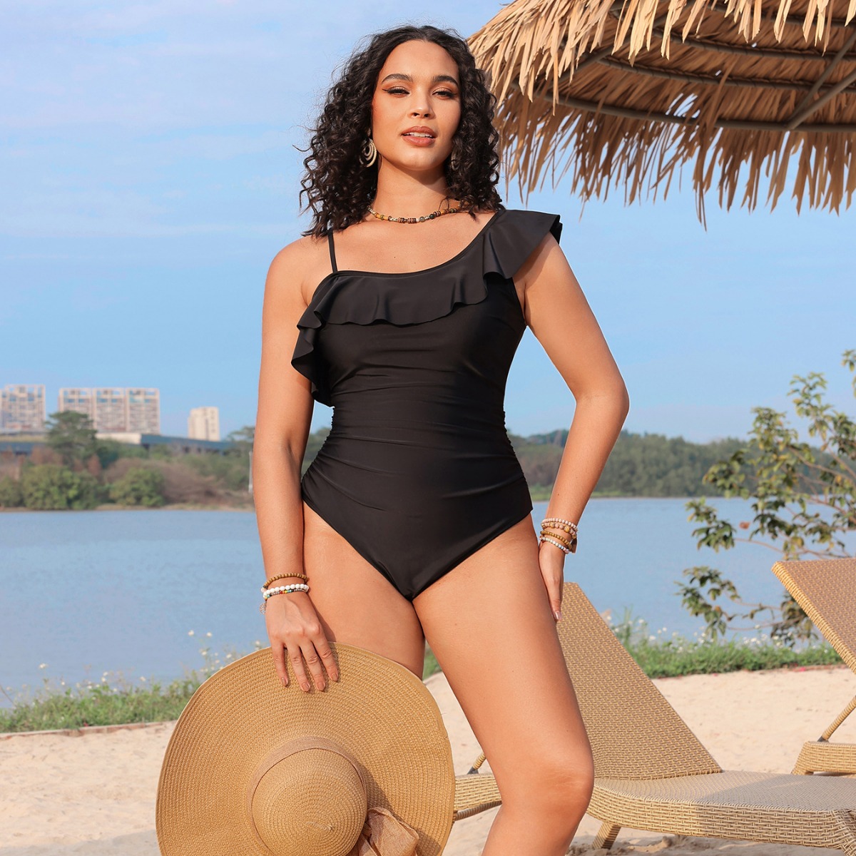 Sexy New Shoulder Lace Pleated Swimsuit P2409