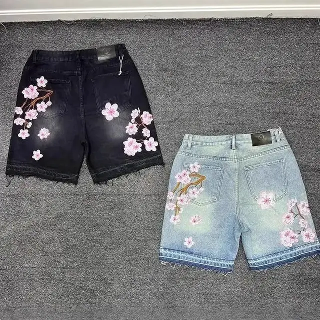 欧美跨境速卖通亚马逊外贸牛仔短裤女y2k樱花刺绣大码宽松牛仔裤
