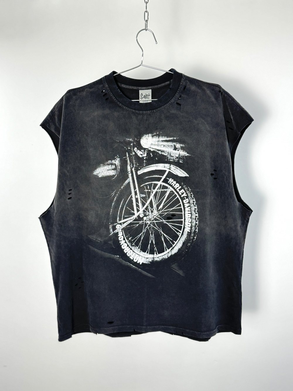 Saint Michael Washed Vintage Distressed Sleeveless Tank Top with Harley Motorcycle Print Loose Trendy Brand T-Shirt Foto QC de TAOBAO na Qualit.ly