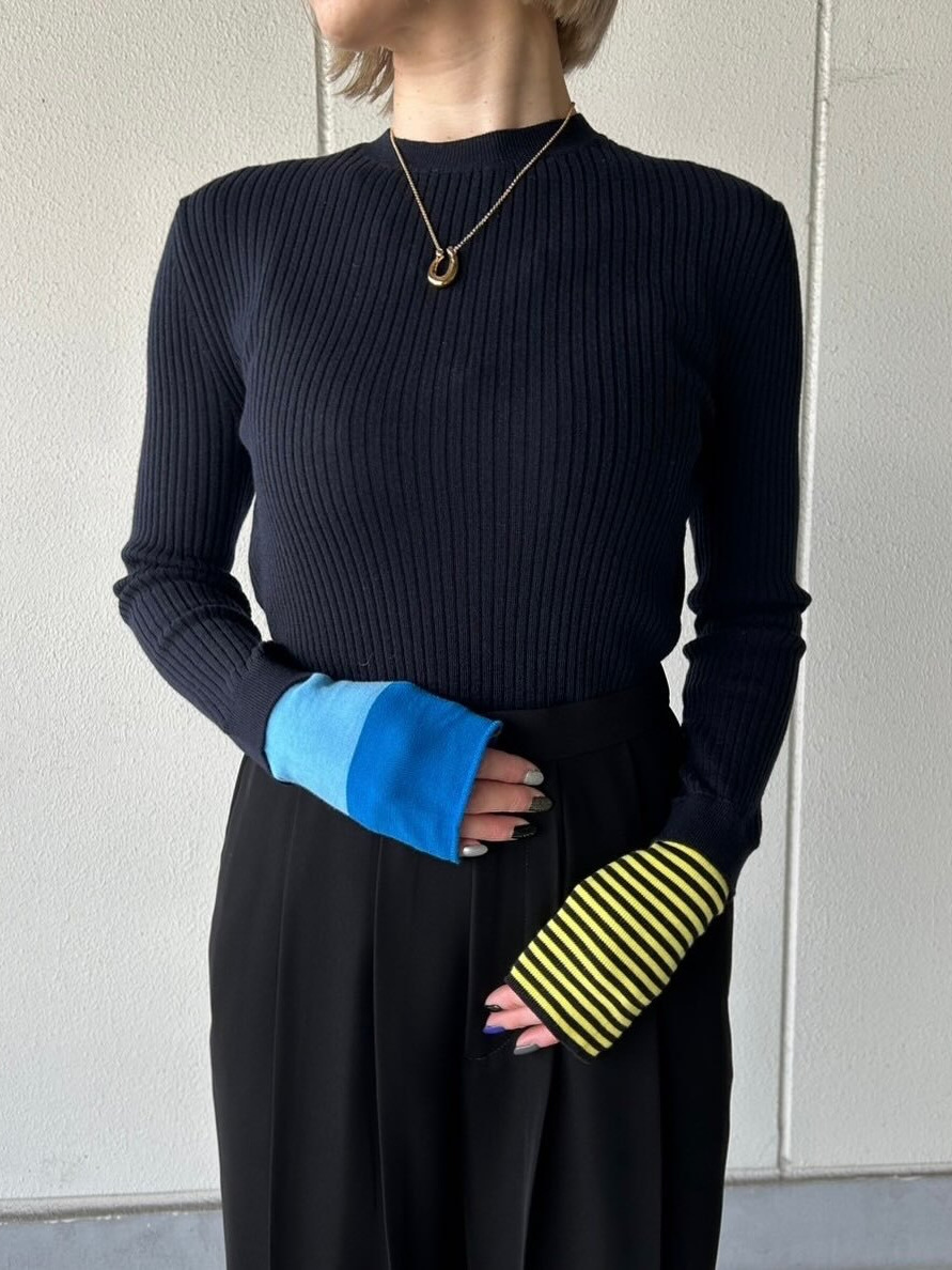 Ef26 Spring and Summer New Slim-Fit Ribbed Knit Sweater with Contrasting Color Cuffs, Elastic Base Shirt, Round Neck Pullover Women's Sweater