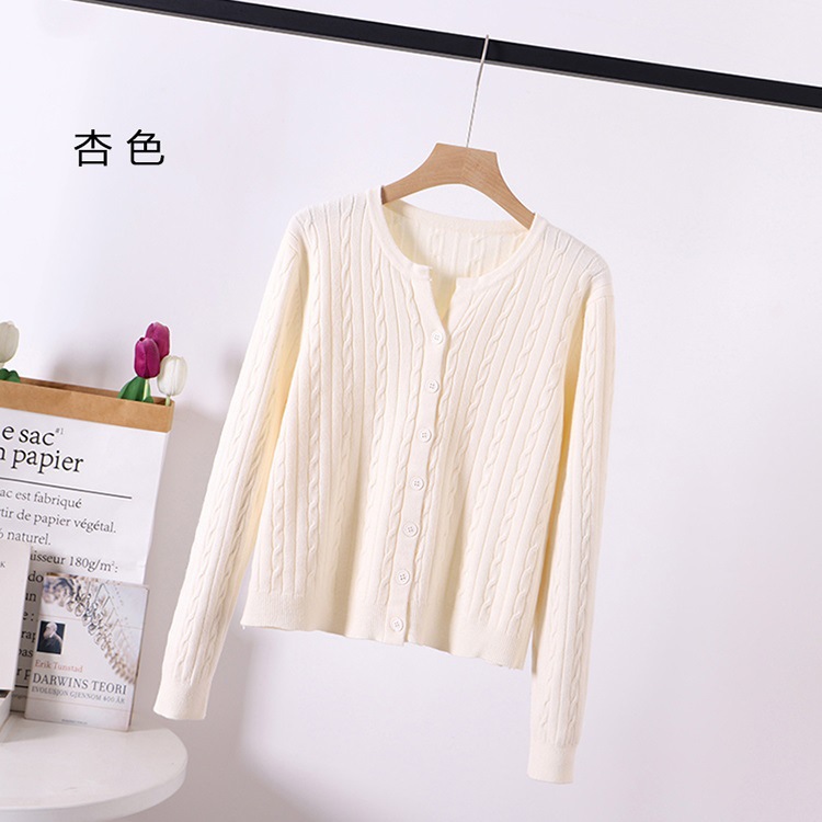 Autumn and Winter Knitted Cardigan Retro Elegant Soft Waxy Sweater Solid Color Twist Round Neck Short Women's Coat Top