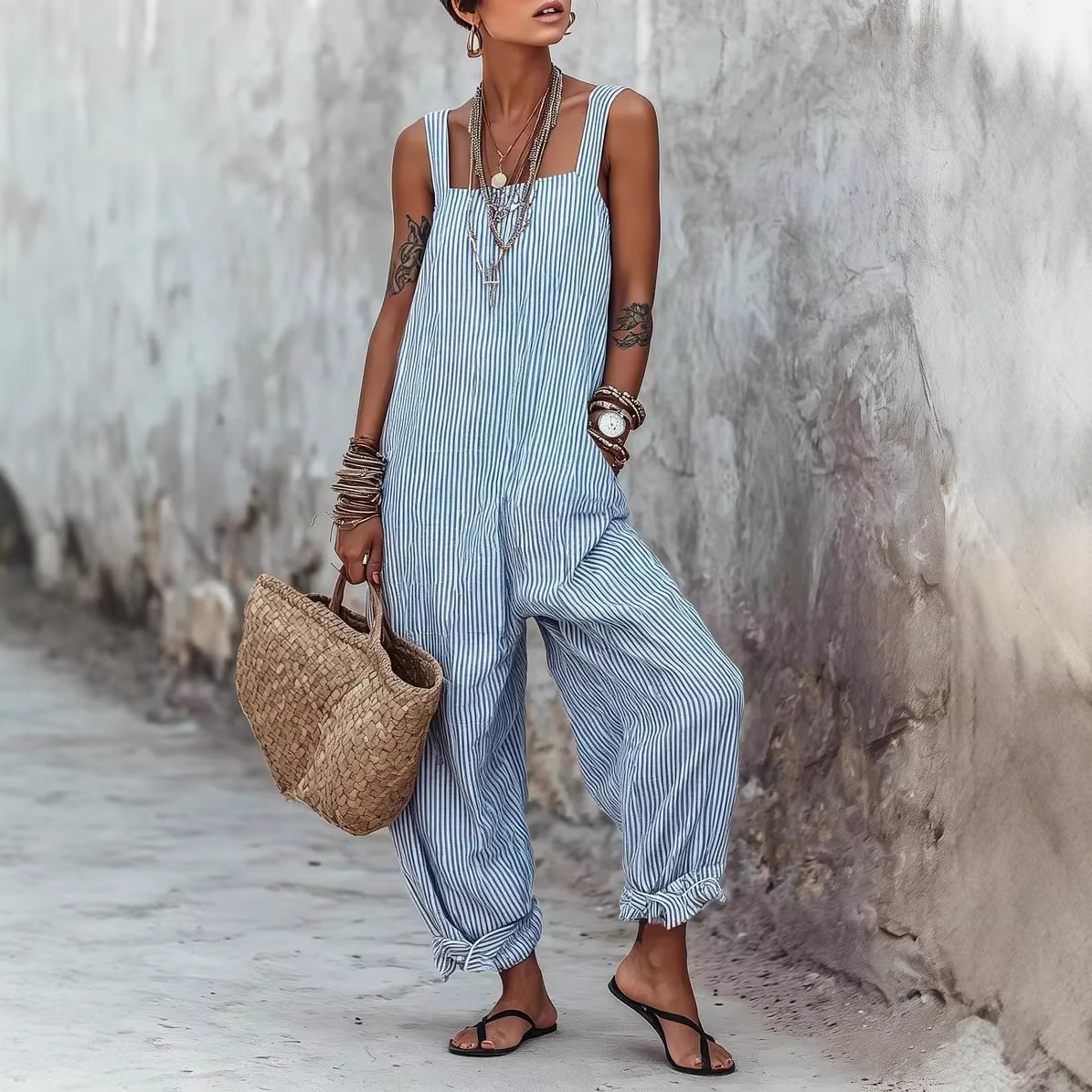 2026 European and American Cross-Border Amazon Independent Site Spring and Summer New Style Sleeveless Striped Print Loose Casual Jumpsuit for Women