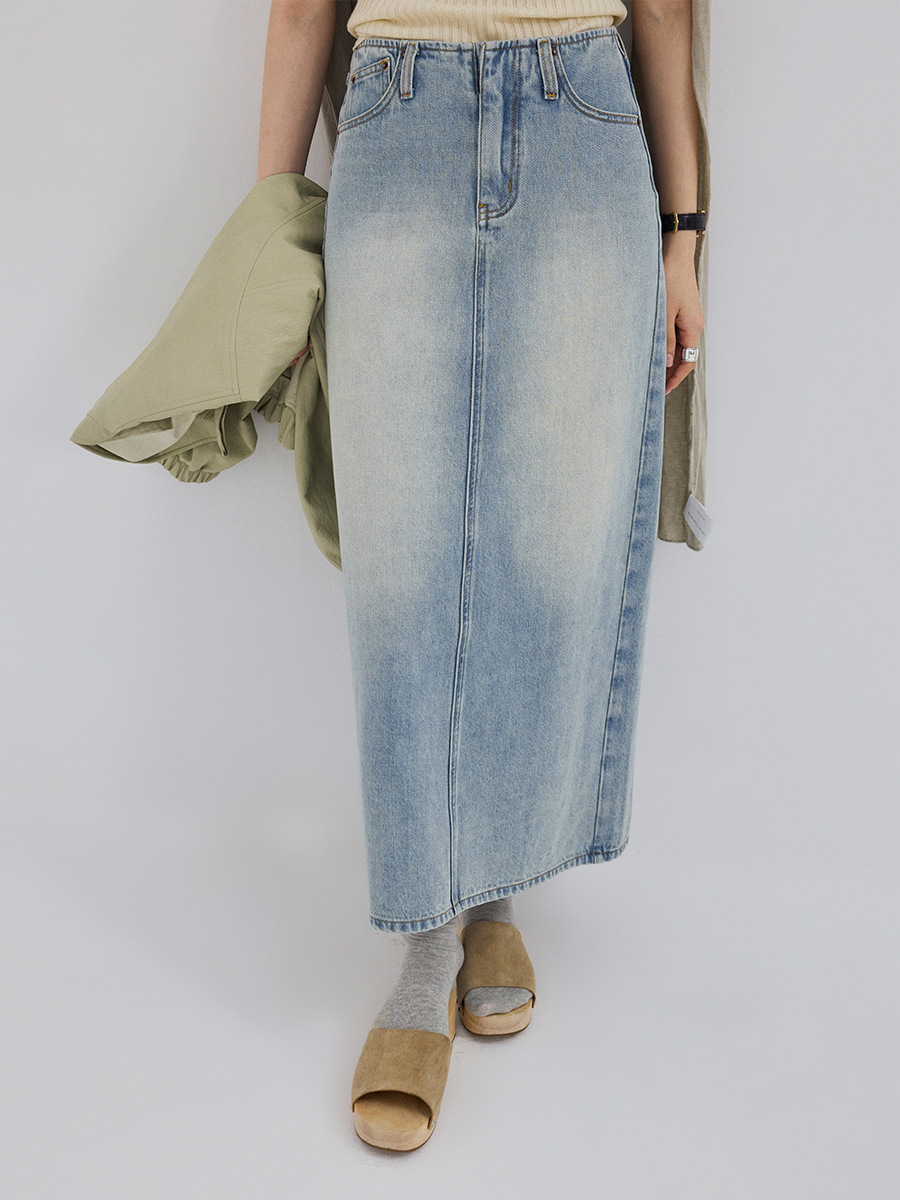 Timeless High-End Matching Vintage Distressed Washed Straight Denim Skirt Spring New Style Skirt 70282-2