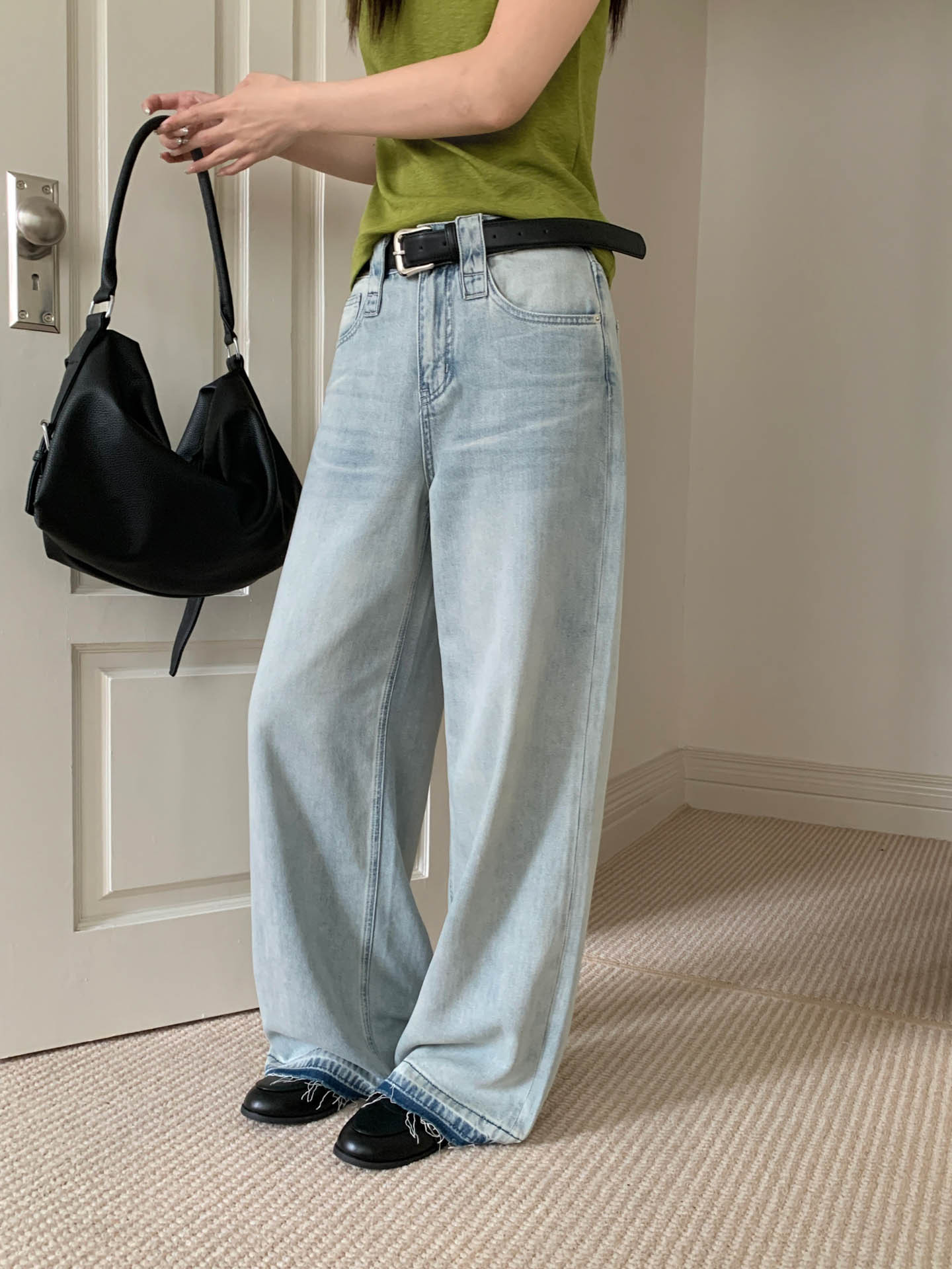 Gagd Long-Termism Minimalist Basic Straight Retro Light Blue Natural Frayed Straight Wide-Leg Tencel Jeans for Women
