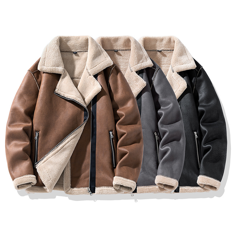 Autumn and Winter motorcycle clothing men's fashion brand loose suede plus velvet jacket High Street fashion casual ruffle handsome lapel jacket