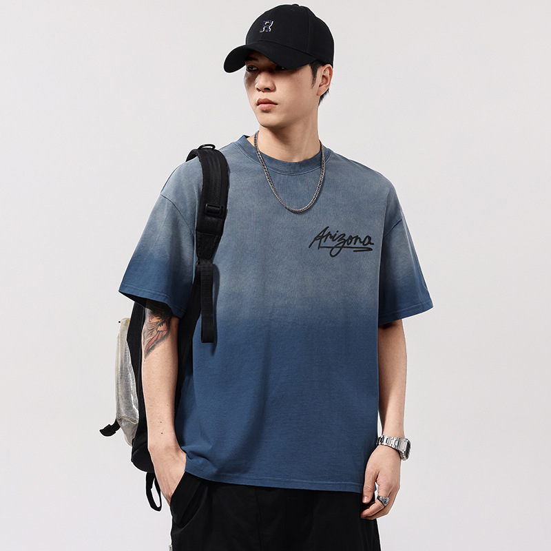 T3613 | plus size Men's Summer New Dyed Wash Gradual Crewneck T-shirt Men's 260G Heavy Loose Printed Short Sleeve