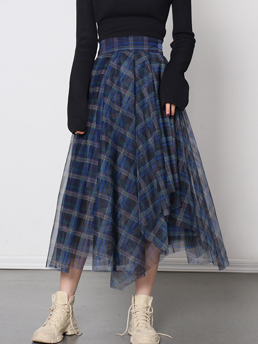 European and American Style Sexy Mesh Skirt 2026 Summer New Blue Plaid High-Waisted Versatile Puffy Skirt Women's Clothing