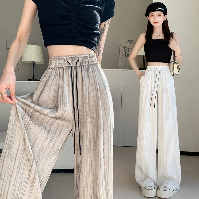 Spring and Autumn Wide-Leg Pants for Women, Chinese Style Texture, Ice Silk Satin Print, Loose Straight-Leg, Floor-Length, Drapey, Casual