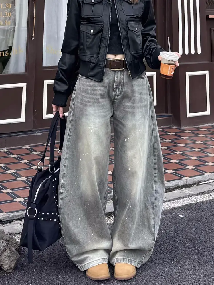American-Style Oversized Street Vintage Distressed Splatter Knife-Cut Jeans Unisex Trendy Loose Washed Wide-Leg Pants