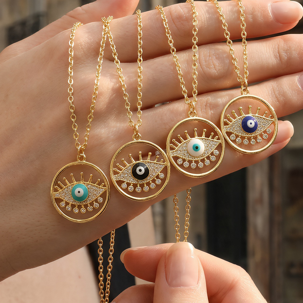 Hot-Selling Foreign Trade Item: Copper Evil Eye Necklace, European and American Style Evil Eye Protection Pendant with Diamonds and Colored Glaze, Turkish Eye Pendant