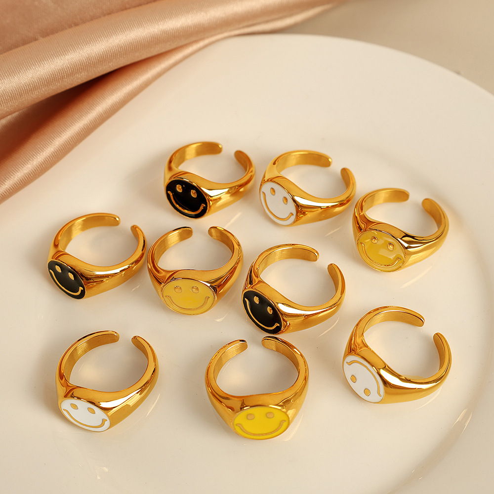 Smiley titanium steel plated 18K real gold ring oil drop retro simple design cute smiley open finger ring high-grade decoration