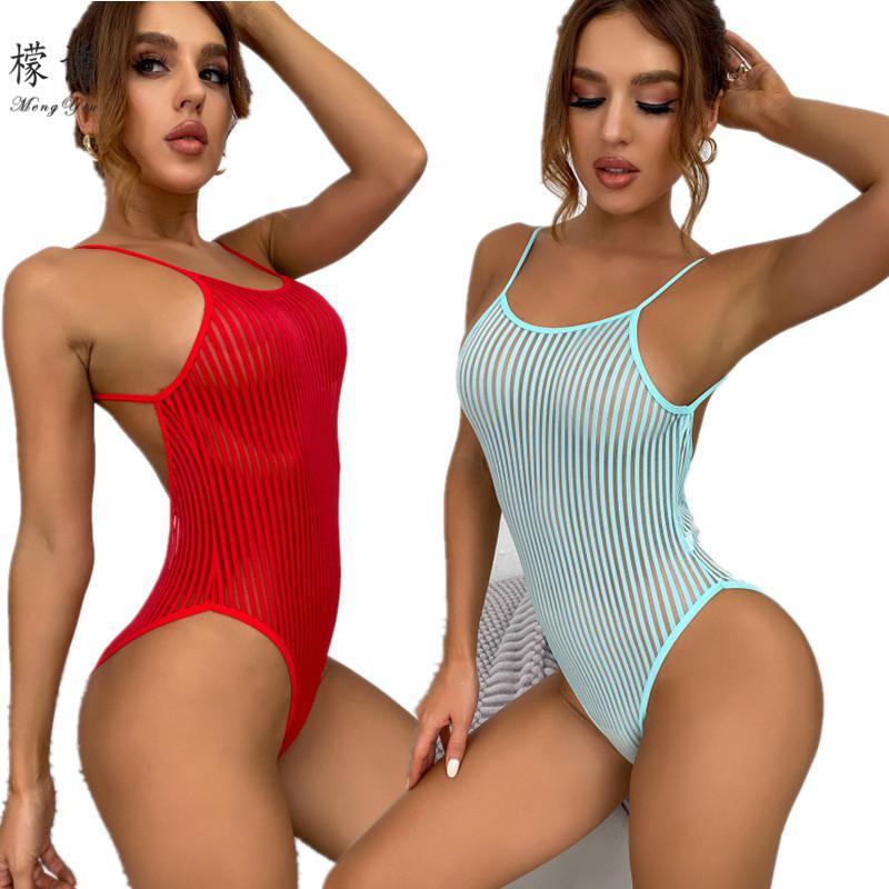 Lemon lure new foreign trade European and American sexy underwear high elastic stripe naked back sexy transparent temptation jumpsuit multi-color