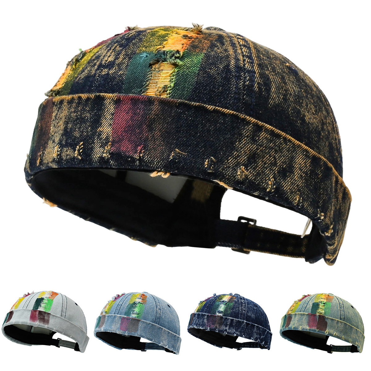 New Cross-Border Denim Color-Blocked Brimless Cap for Men and Women, Trendy Retro Distressed Landlord Hat, Fashionable and Versatile Sun Protection