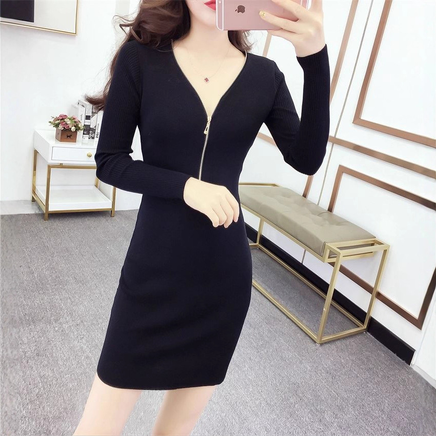 2026 Spring Zipper Slim Fit Bodycon Dress Nightclub Women's Ultra-Short Skirt Spring and Autumn Long Sleeve Base Dress