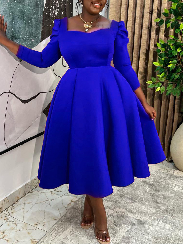 D3354 Amazon Autumn and Winter New Women's Fashion Pure Color Square Collar High Waist Large Skirt Dress African Dress