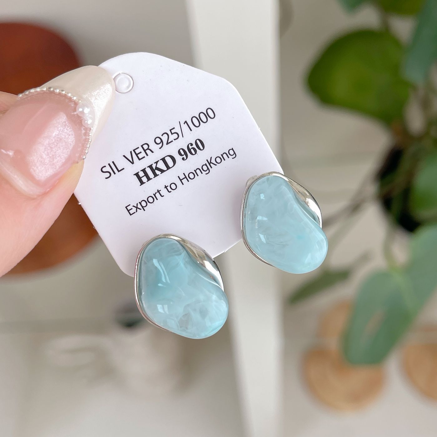 Mint Blue Resin Snub Texture Geometric Earrings Women's Silver Needle Niche Design Ice-transparent Exquisite Summer Earrings