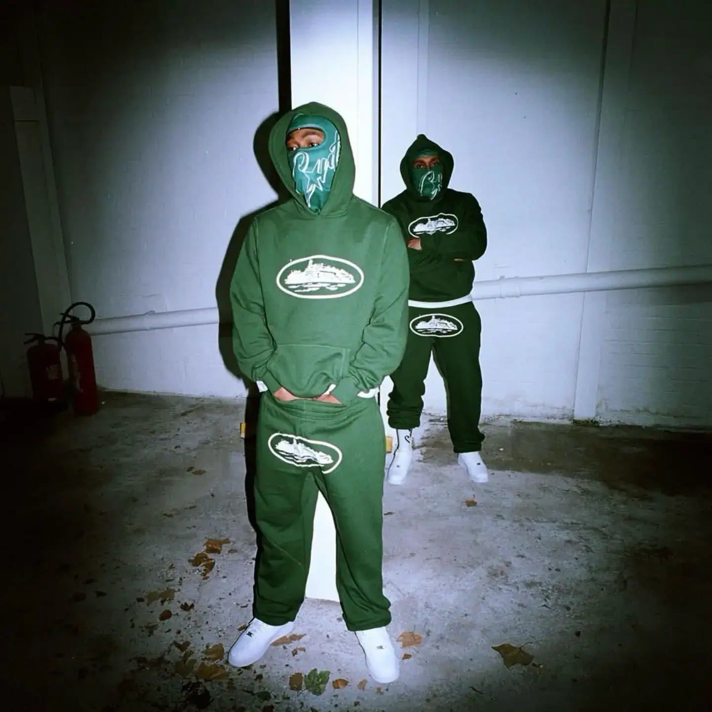 Corteiz Devil Island Ship Print Green Hooded Sweatshirt and Sweatpants Suit