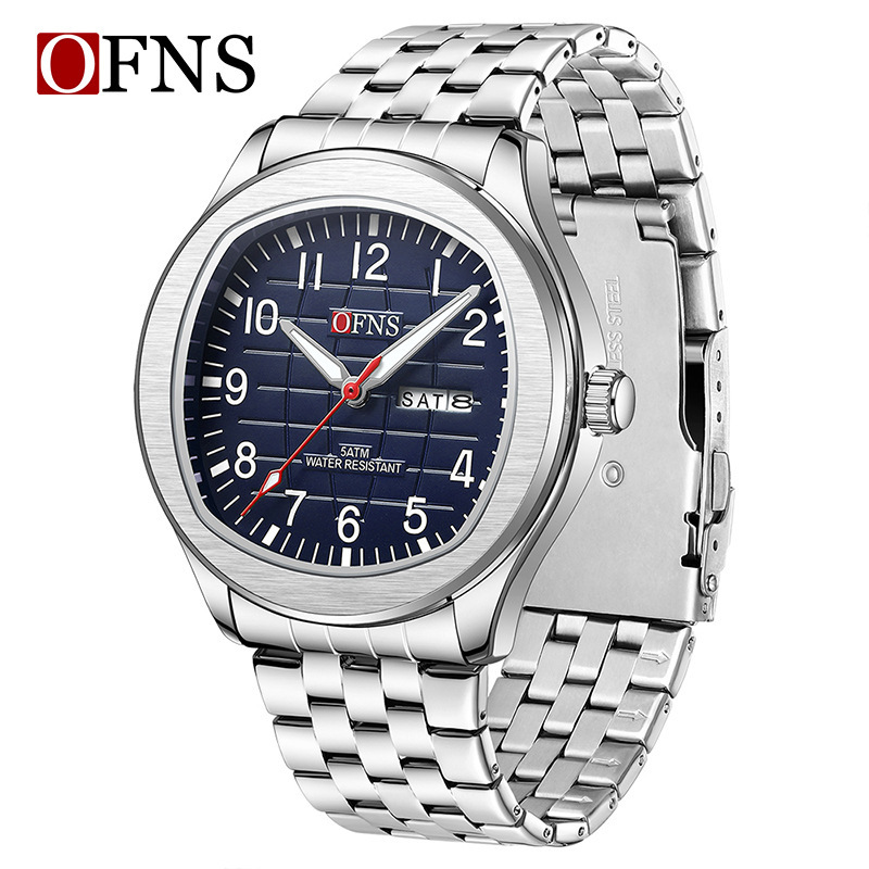 Ofns Export Cross-Border Hot-Selling Quartz Watch Dual Calendar Grenade Pattern Business Casual Fashion Waterproof Steel Band Men's Watch
