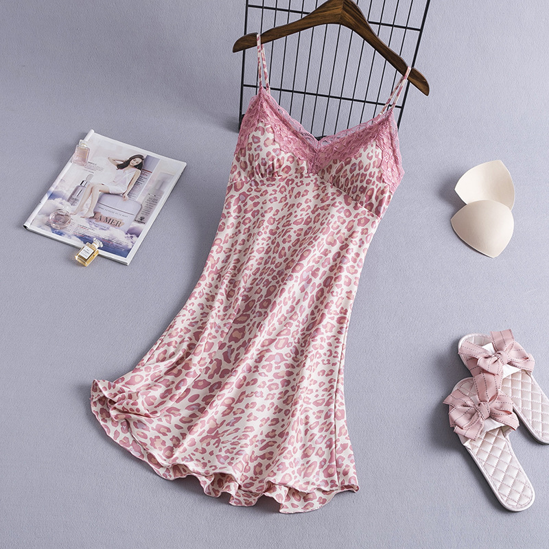 Sexy Hot Pajamas Women's Summer No Steel Ring Sling Nightgown with Chest Pad Ice Silk Home Clothes Imitation Silk Nightgown