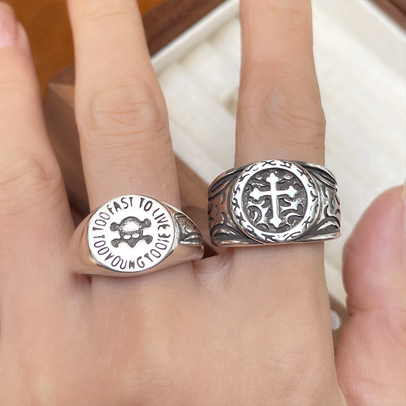 Lan Zhi Cross Skull 925 Sterling Silver Ring Men's Personality Open Ring Fashion Heavy Industry Thai Silver Food Finger Ring
