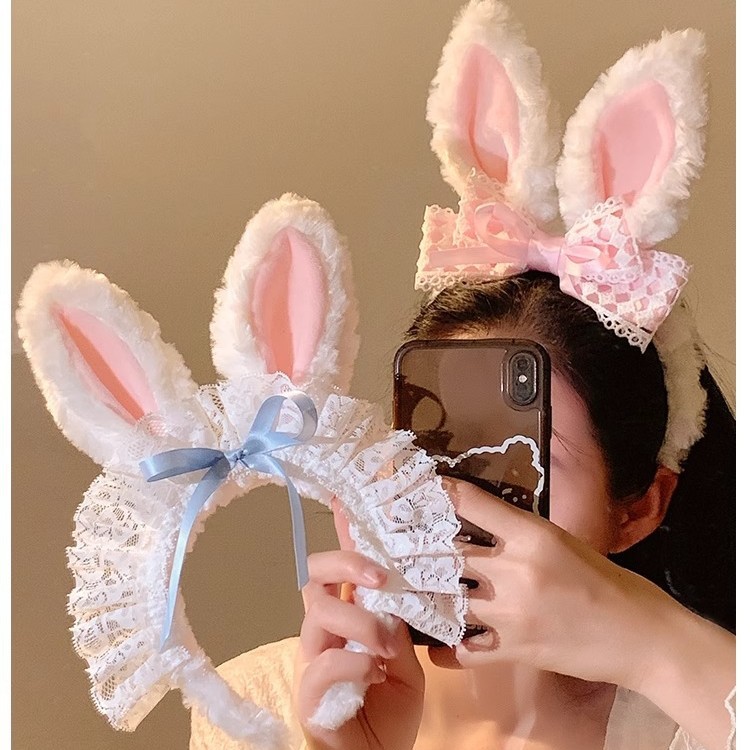 Cute Lace Rabbit Ear Headband Girl Cartoon Plush Wash Hair Band Sweet Rabbit Bow Headband New