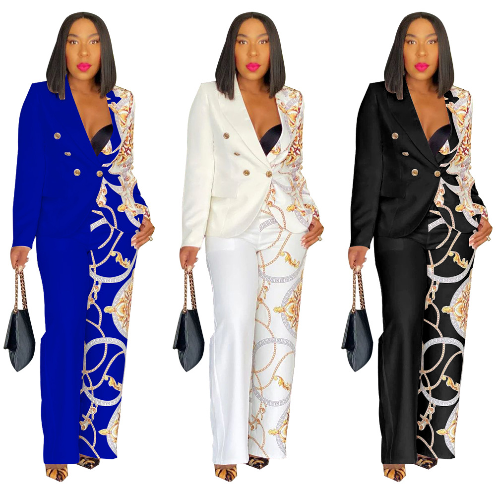 K10602 Europe and the United States cross-border fashion women's clothing wholesale Amazon explosion green collar long sleeve printed suit two-piece