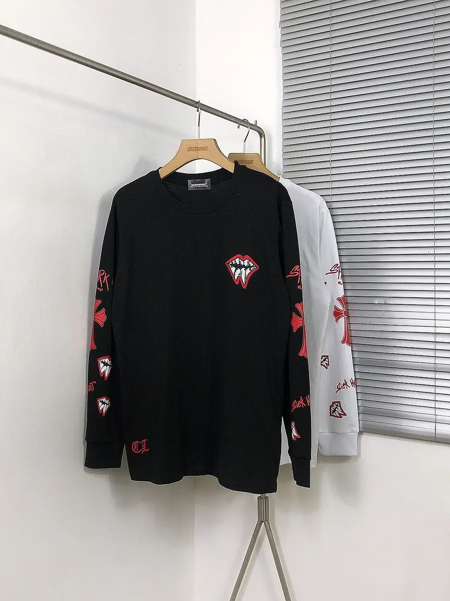 RockNroll Rock Party Beloved Red Lips Cross Trendy Brand Ten Thousand Needles Embroidery Splicing Leather Fun Funny Long Sleeve T-shirt
